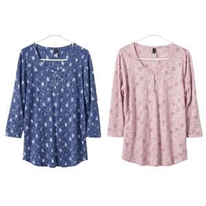 Charmour Fleece Sleep Shirts Set – Blue & Pink Heart Print V‑Neck Tops Large